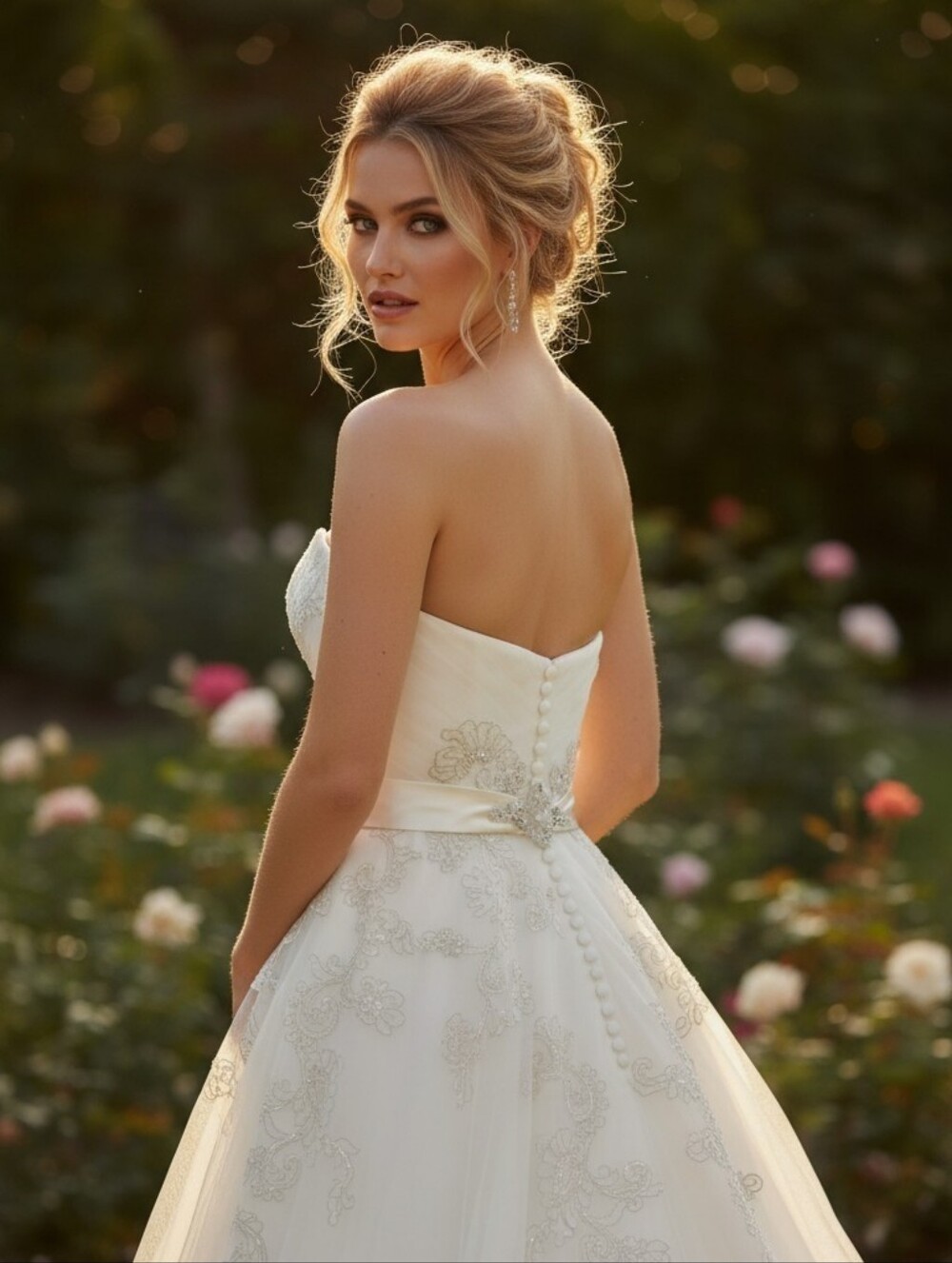 NWOT Casablanca Wedding Dress with Lace Appliqué and 3D Flowers